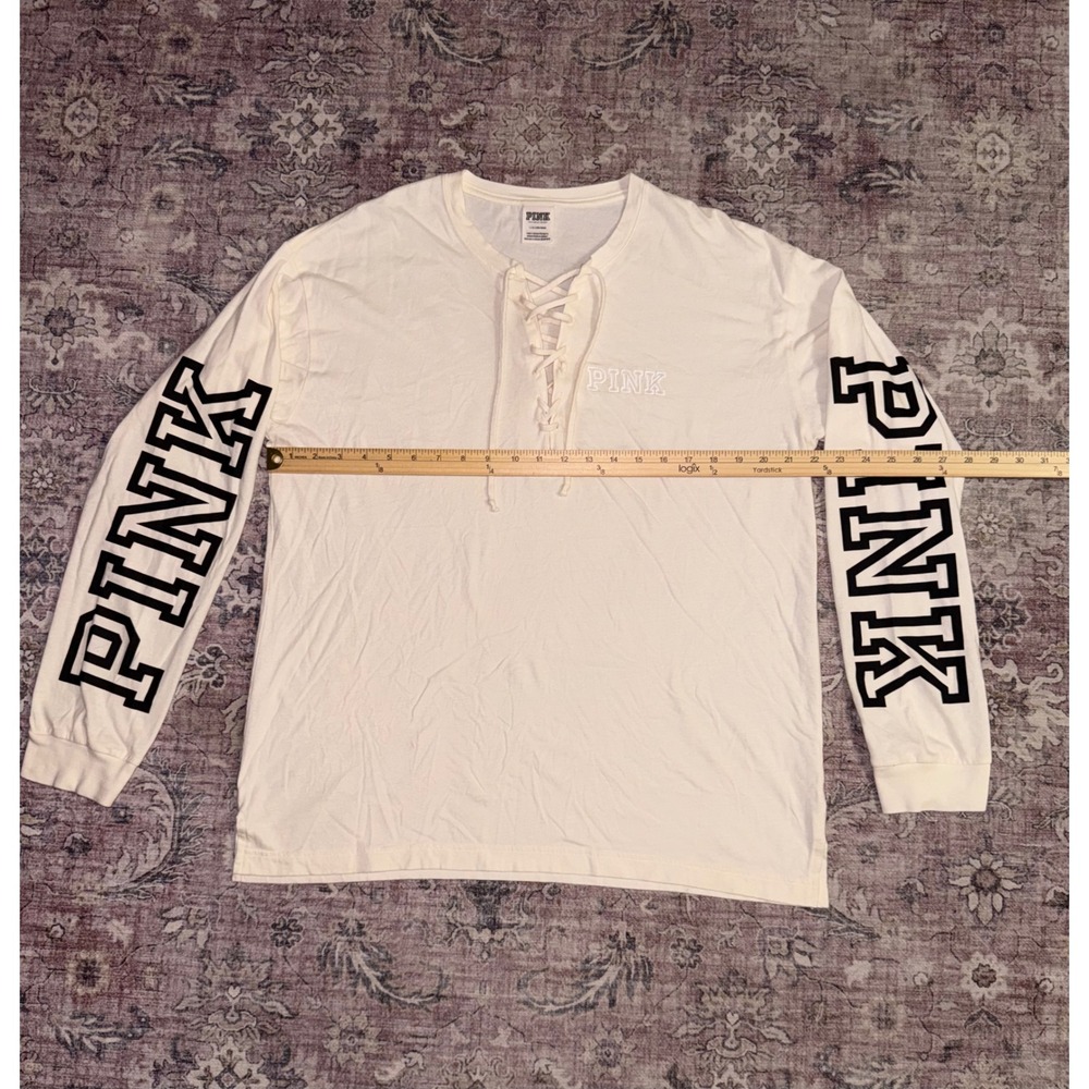 Victoria's Secret PINK Lace Up Long Sleeve T-Shirt Cream Logo Graphic Large - Picture 6 of 7